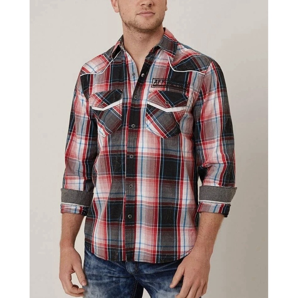 Affliction Black Premium Men's L Western Red Plaid Pearl Snap Shirt Embroidered - Picture 2 of 8